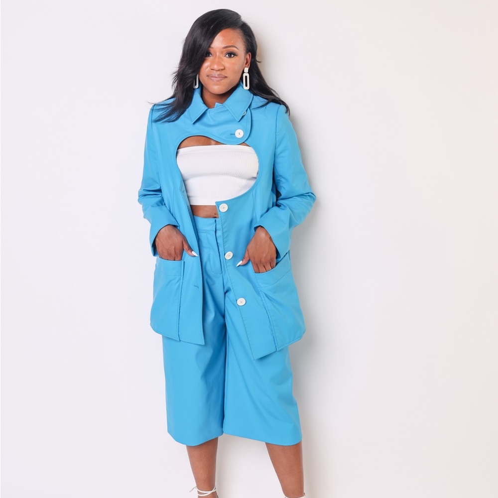 Blue Vegan Leather Cutout Pants